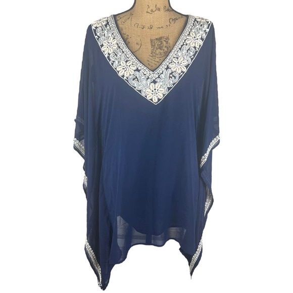 Boston Proper Navy Shell Embellished Kaftan Top XS - Picture 1 of 7